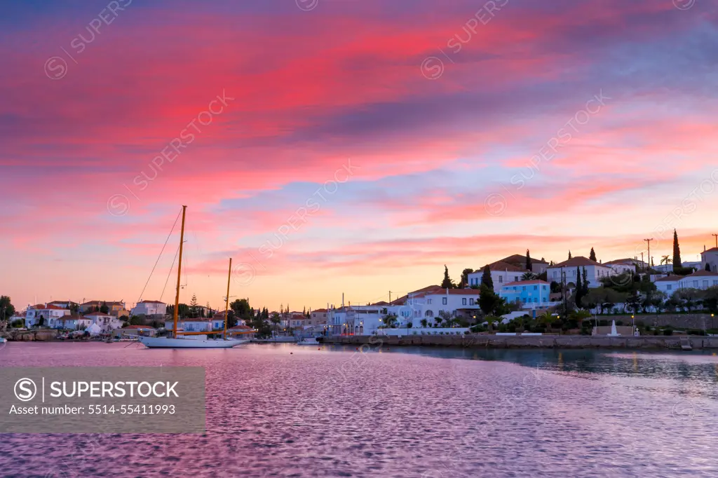 Yacht in the harbour of Spetses village, Greece.