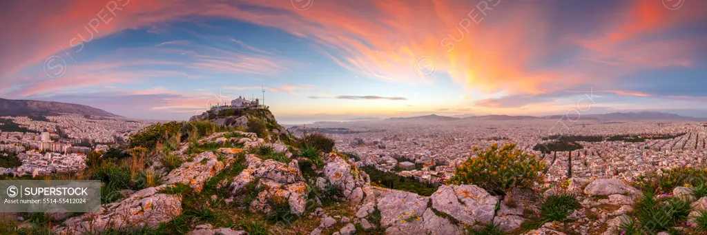 View of Athens from Lycabettus hill at sunset, Greece.