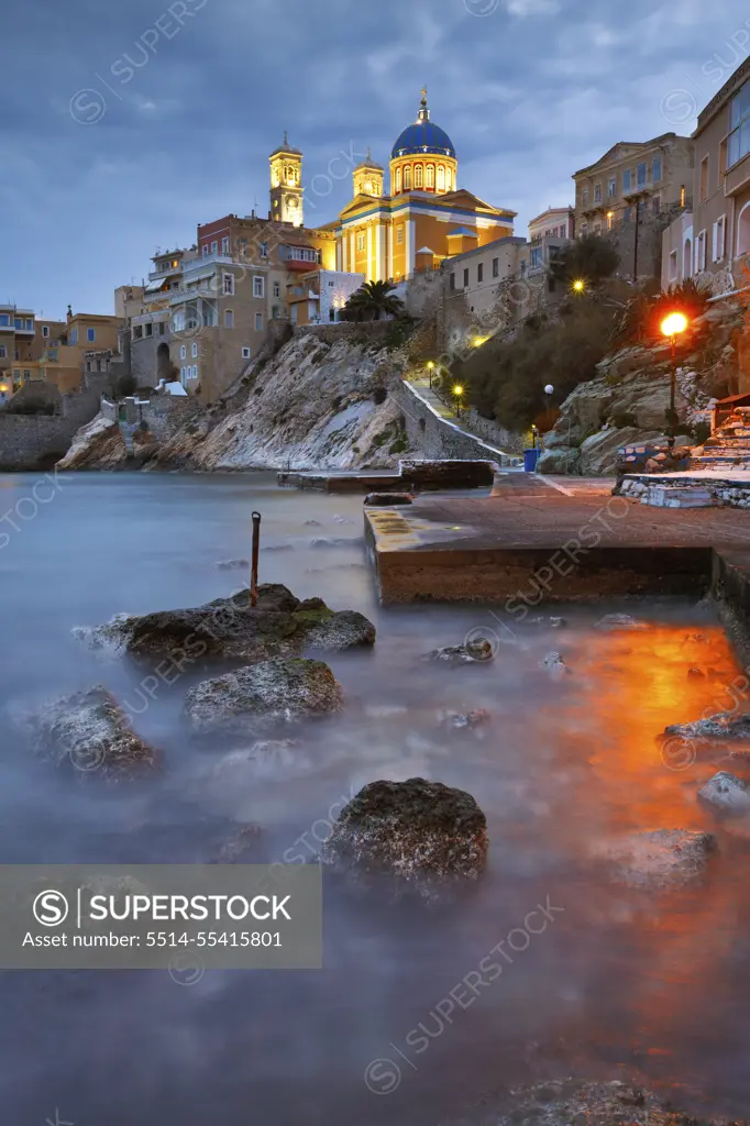 Town beach in Ermoupoli on Syros island in Greece.