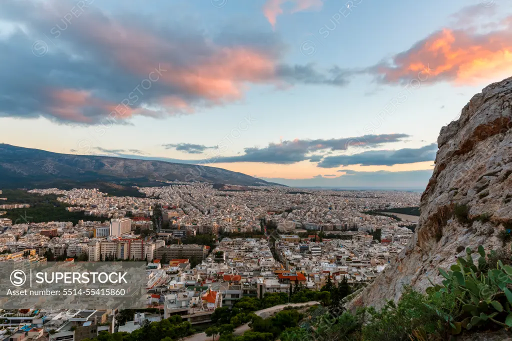 View of Athens from Lycabettus hill at sunset, Greece.