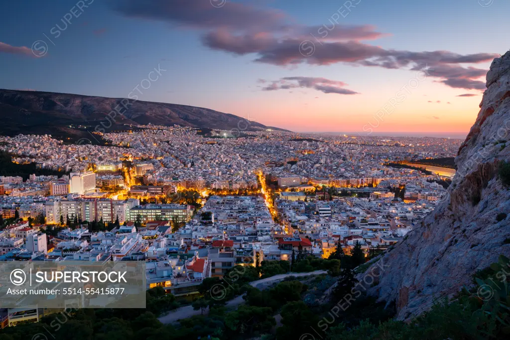 View of Athens from Lycabettus hill at sunset, Greece.