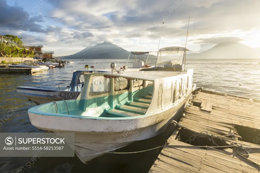 Transport boats docked at Panajachel, at Lake Atitlan, Guatemala.