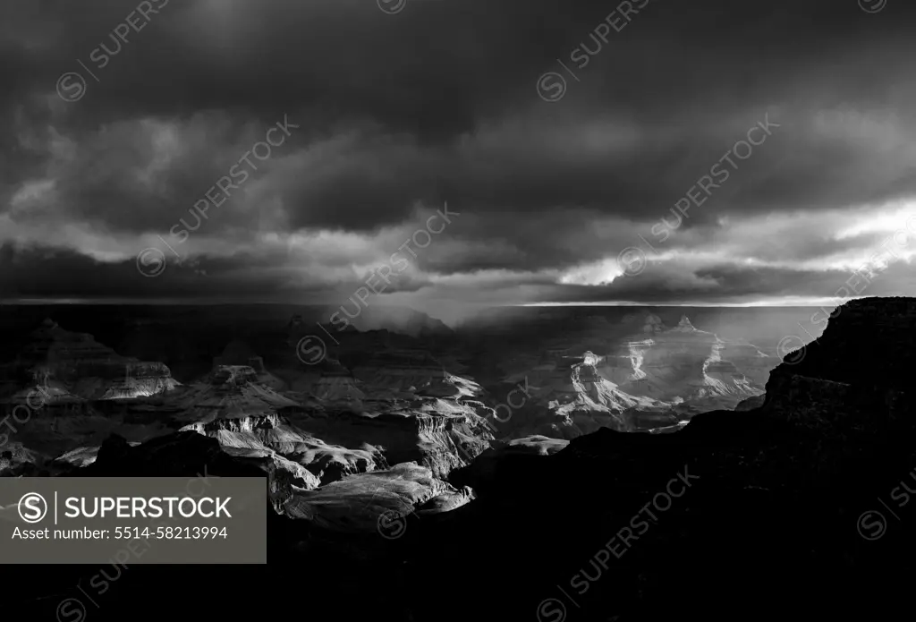 Black and white image of storm over Grand Canyon, Arizona