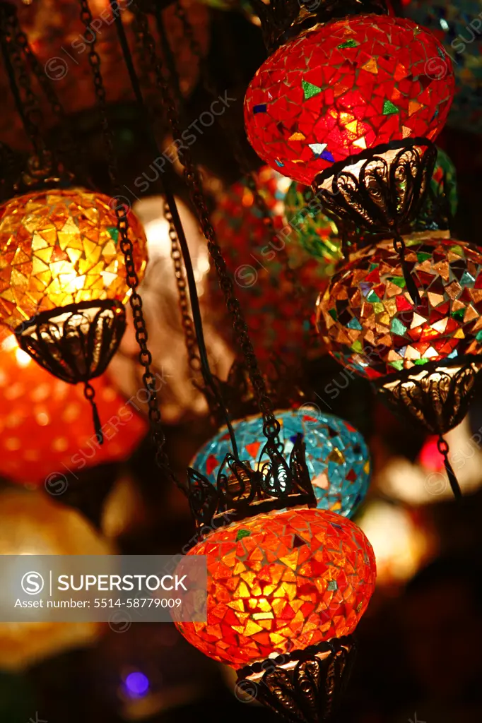 Brightly decorated lanterns in the grand bazaar. Istanbul, Turkey.