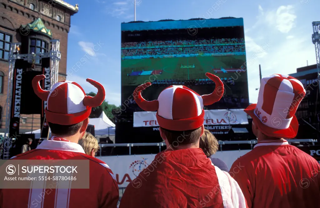 Denmark Copenhagen Danish football fans known as Rolligans watching an international game shown at the city hall