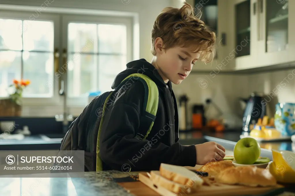 Boy eating breakfast for school