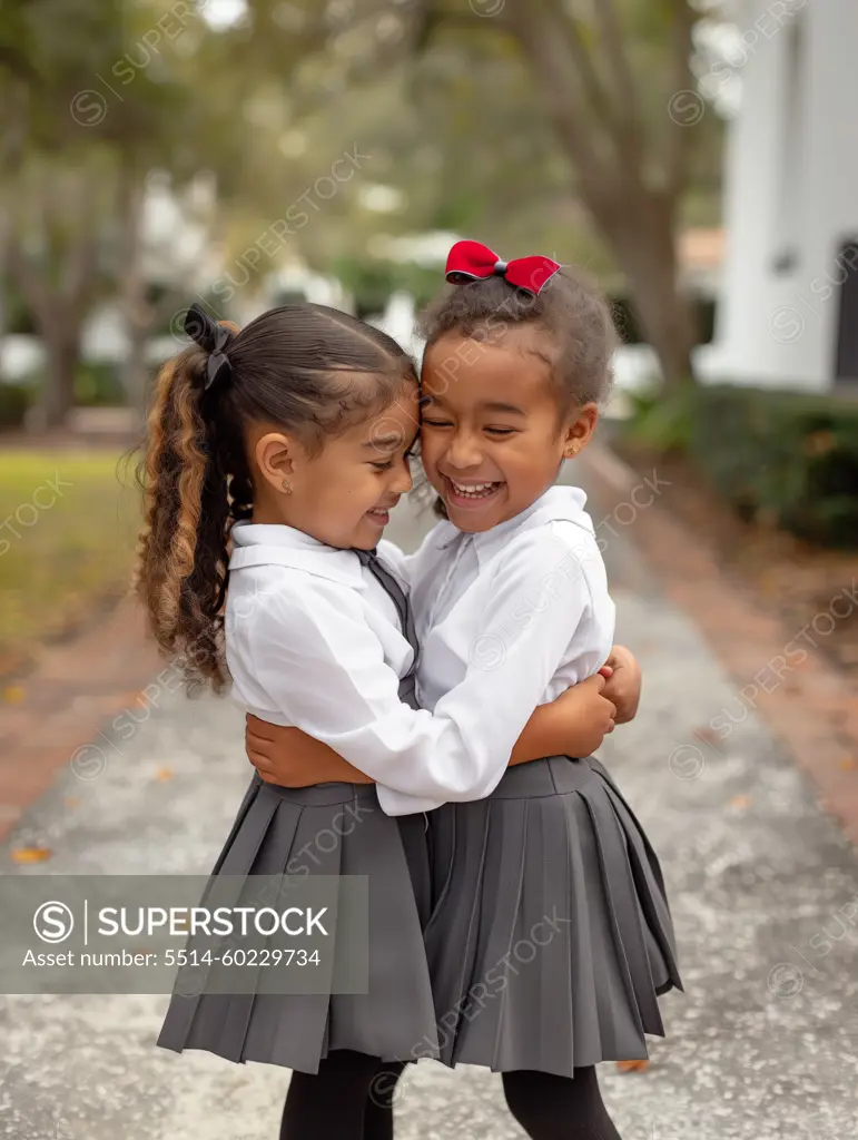 Two African American girls in school uniforms hugging and smiling