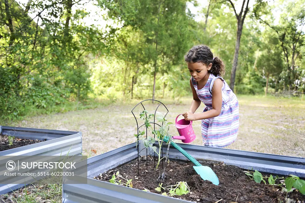 Girl watering plants in a garden bed with a pink watering can ou