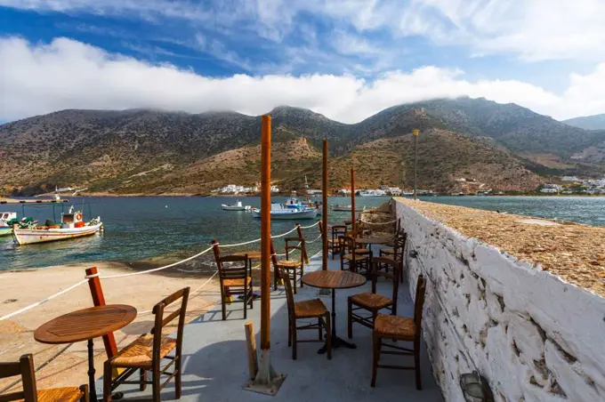 Traditional fishing boats in the harbour of Kamares villge, Sifnos.