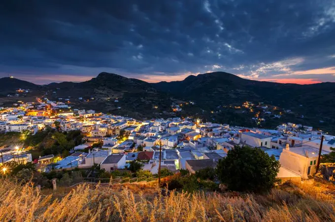 View of Chora village from the hill above, Skyros island, Greece.