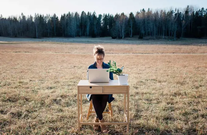 travelling woman working on a laptop and desk in a field outside