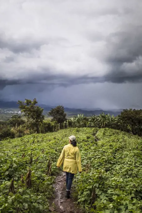 Young woman wearing yellow coat walks through lush field in Guatemala.