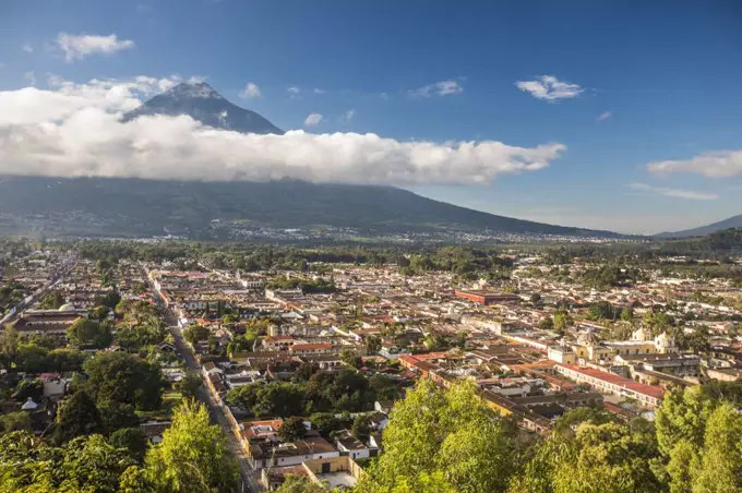 High angle view of Antigua, Guatemala and Volcano Agua.