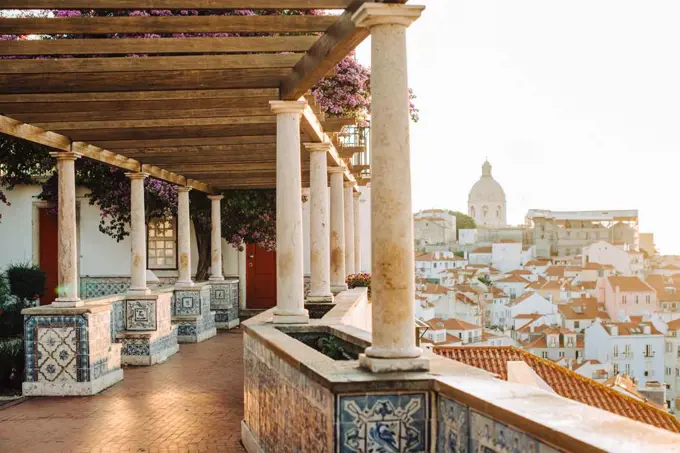 Santa Luzia view point without people in the sunrise, Lisbon, Portugal