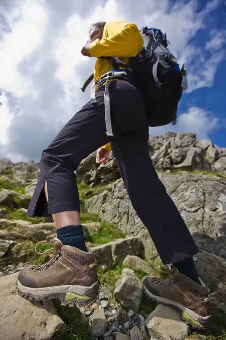 woman hiking with rucksack low angle shot