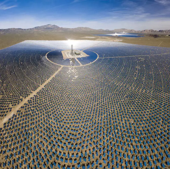 A massive solar array at the Ivanpah Generating station in the d