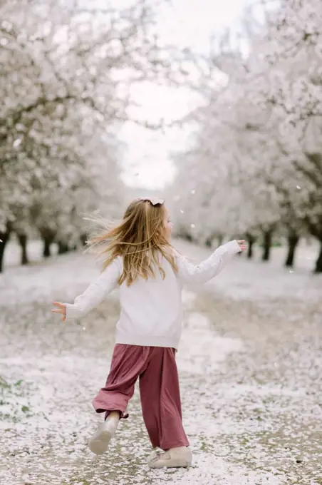 Preschool girl dancing in an almond orchard