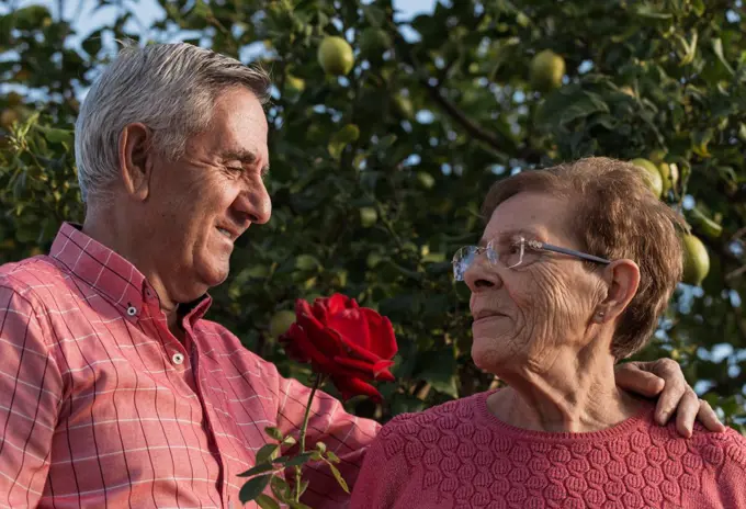 Romantic senior couple with flowers in garden