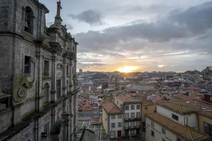 Dramatic view of Porto from a belvedere at sunset