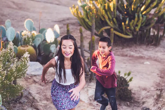 Brother and sister playing tag at a cactus garden.