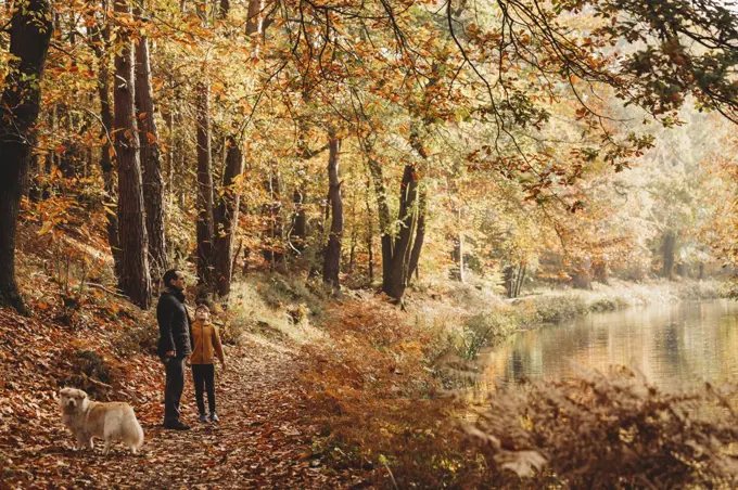 Boy and father standing under trees next to canal in fall