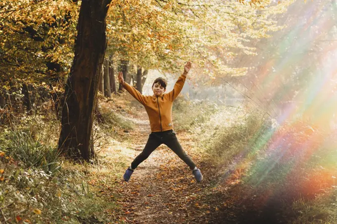 Boy leaping in the air on path under tree with rainbow light flare