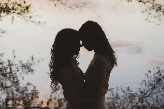 romantic pastel coloured silhouette of lesbian queer couple by lake