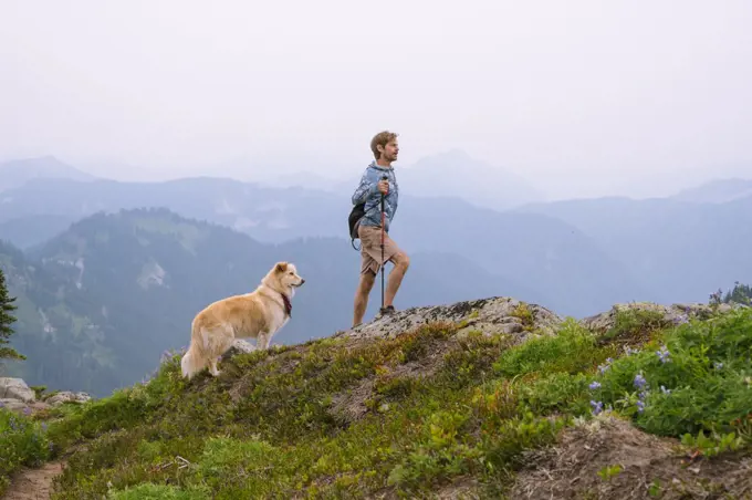 Hiking with a dog in the alpine of the north cascade mountains