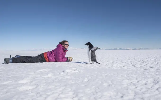 A woman has a close encounter with an Adelie Penguin in Antarctica.