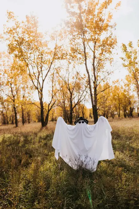 Full body image of person dressed as ghost looking at camera