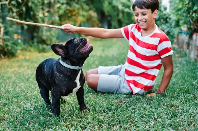 Young boy playing with his dog, french bulldog, in the garden