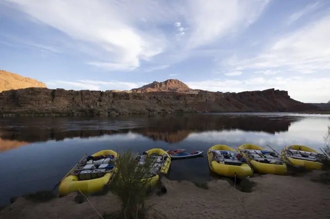 A row of rafts beached in the Grand Canyon