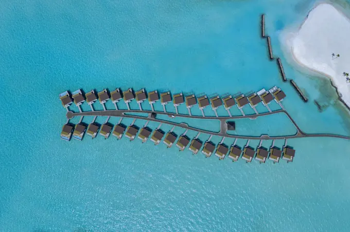 Aerial view of water bungalows, Maldives