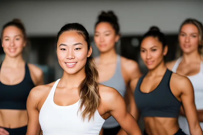 Women exercising in yoga class at gym. Generative AI