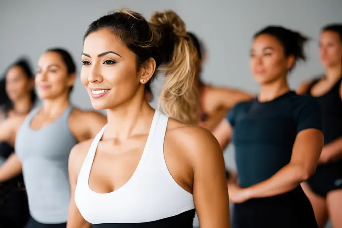 Women exercising in yoga class at gym.  Generative AI