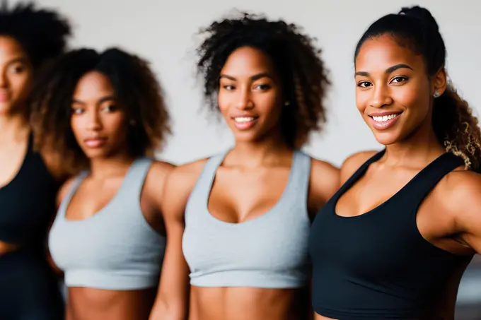 Cheerful female friends taking selife in yoga class. Generative AI