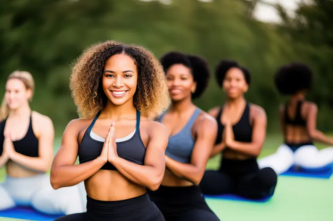 Women exercising in yoga class at gym. Generative AI