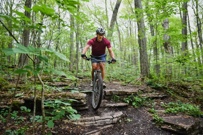 Man riding a mountain bike through a wooded area on summer day.