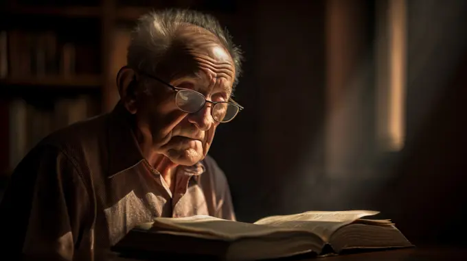 Image Generated AI. Elder man reading a book