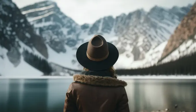 Image Generated AI. Woman stands front a lake and mountains