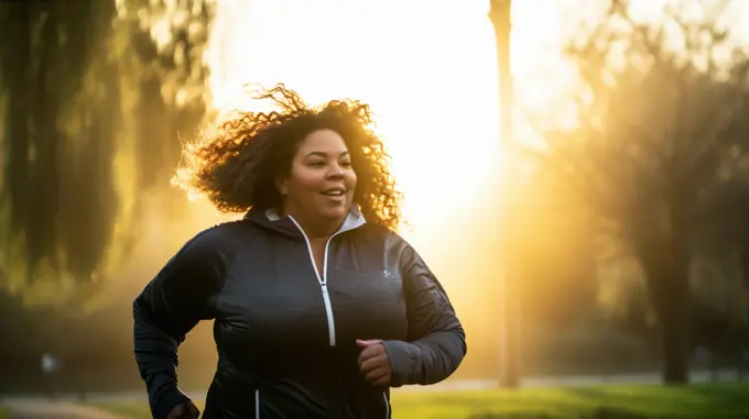 Image Generated AI. Plus-size afroamerican woman running in the park