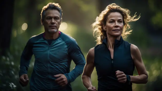 Image Generated AI. Mid age couple running in the park