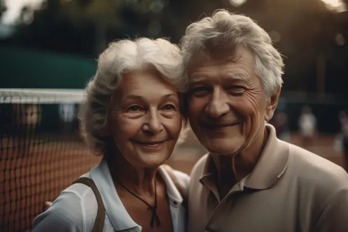 Image Generated AI. Portrait of a senior couple in a tennis court