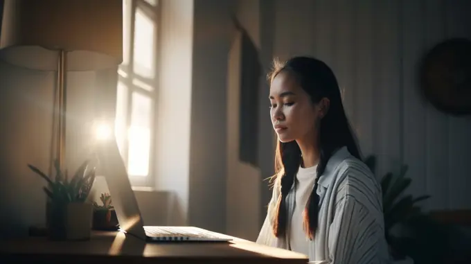 Image Generated AI. Young female studying on computer