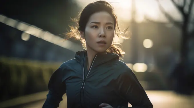 Image Generated AI. Asian female running on the street in the morning