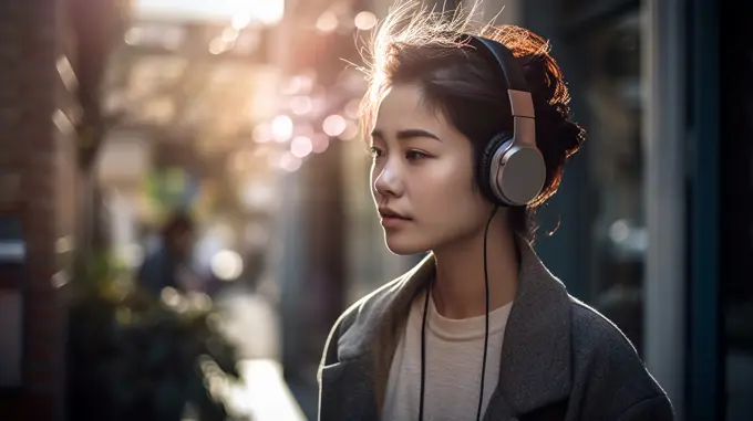 Image Generated AI. Asian female walking on the street on headphones