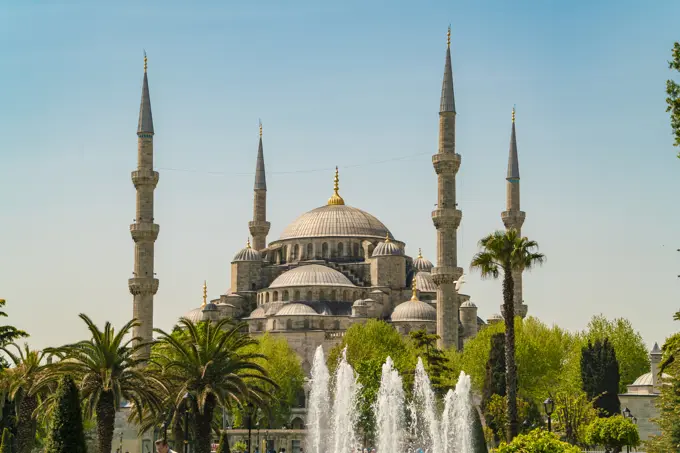 Sultan Ahmet mosque with blue sky, Istanbul Turkey