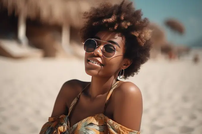 Smiling Afro woman with sunglasses posing on the beach. AI Generative