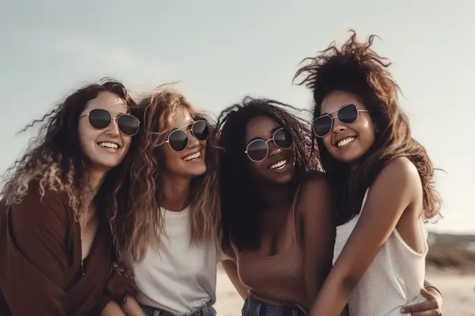 Smiling young women posing on the beach AI Generative