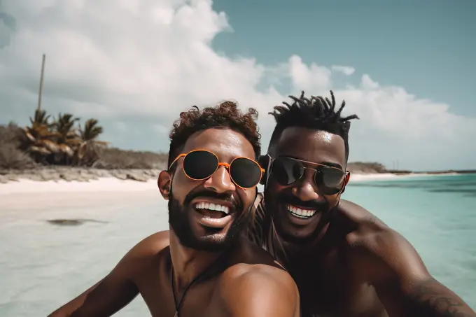 Smiling homosexual multiethnic couple on the beach. AI Generative